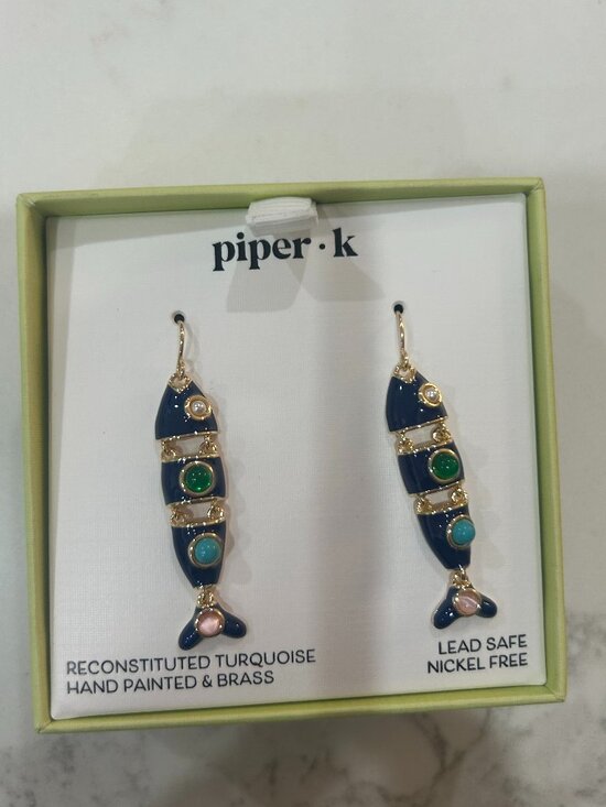 Piper K Jewelry - Piper K Fish Drop Earrings Hand Painted Brass Reconstituted Turquoise